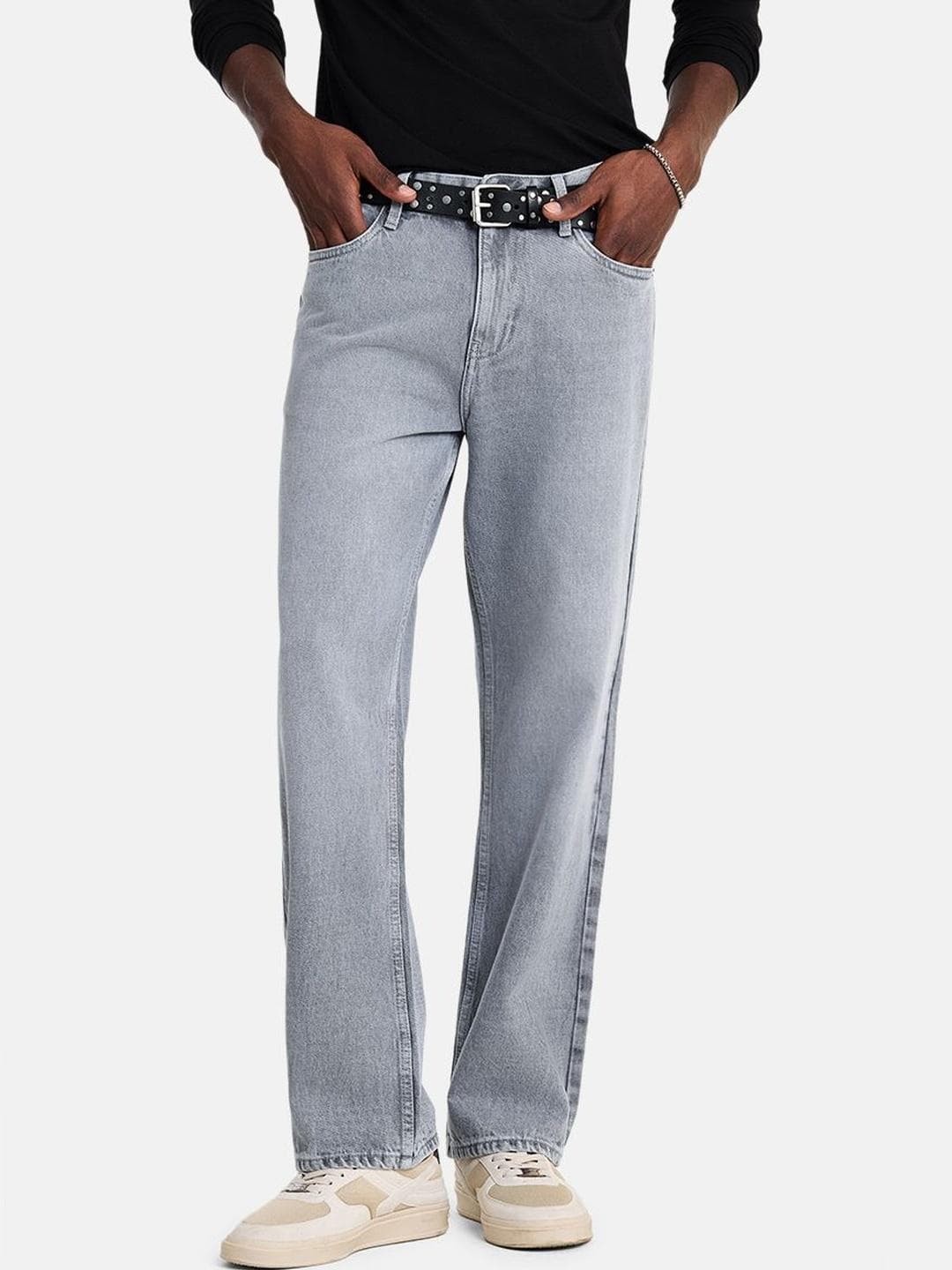 Snitch Light Grey Mid-Rise Straight Fit Jeans