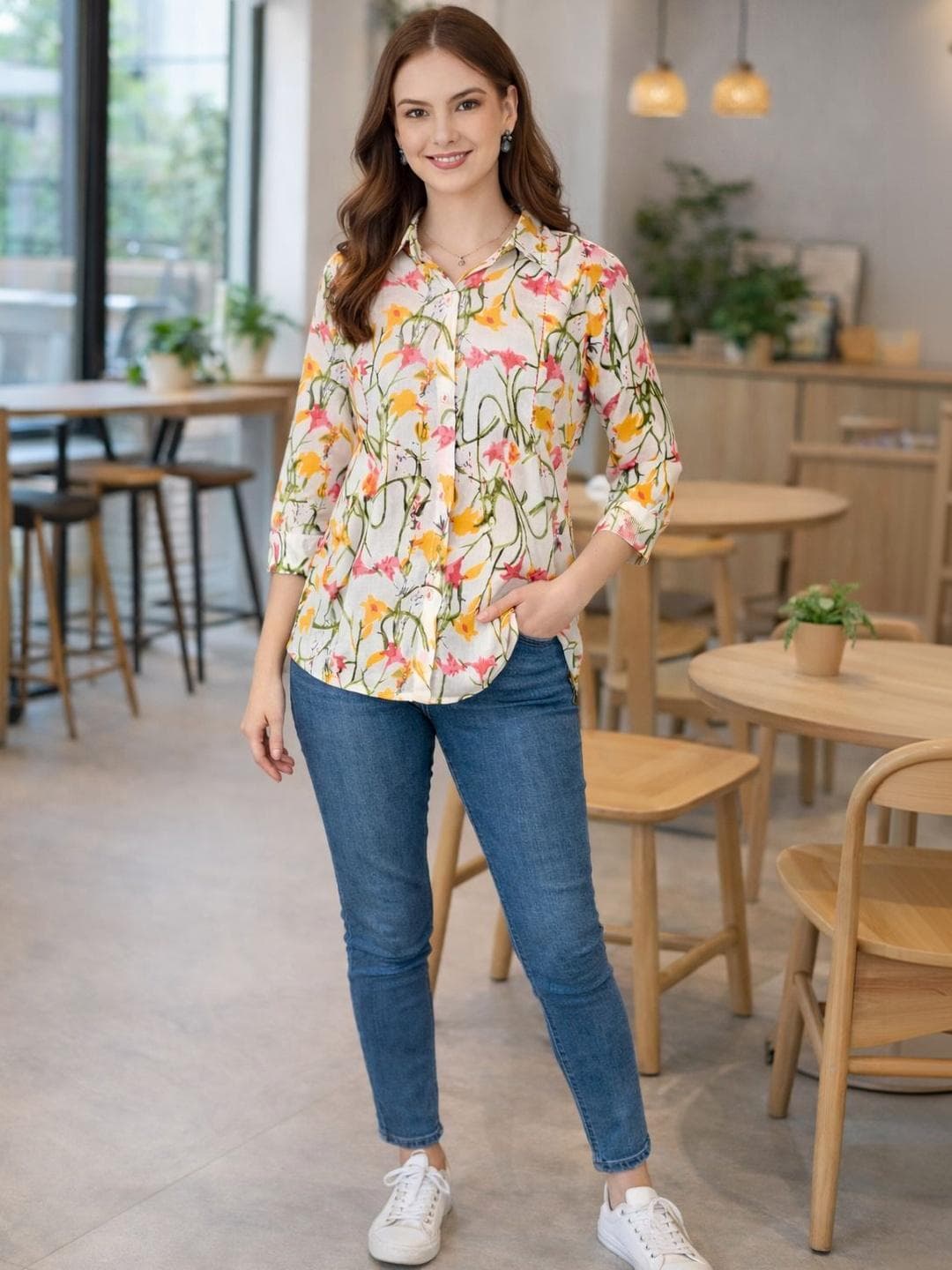 KALINI Floral Print Mandarin Collar Ethnic Cotton Blend Peplum Top