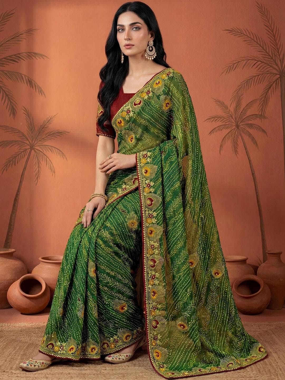 Sangria Embroidered Bandhani Printed & Gota Lace Sarees With Unstitched Blouse Piece