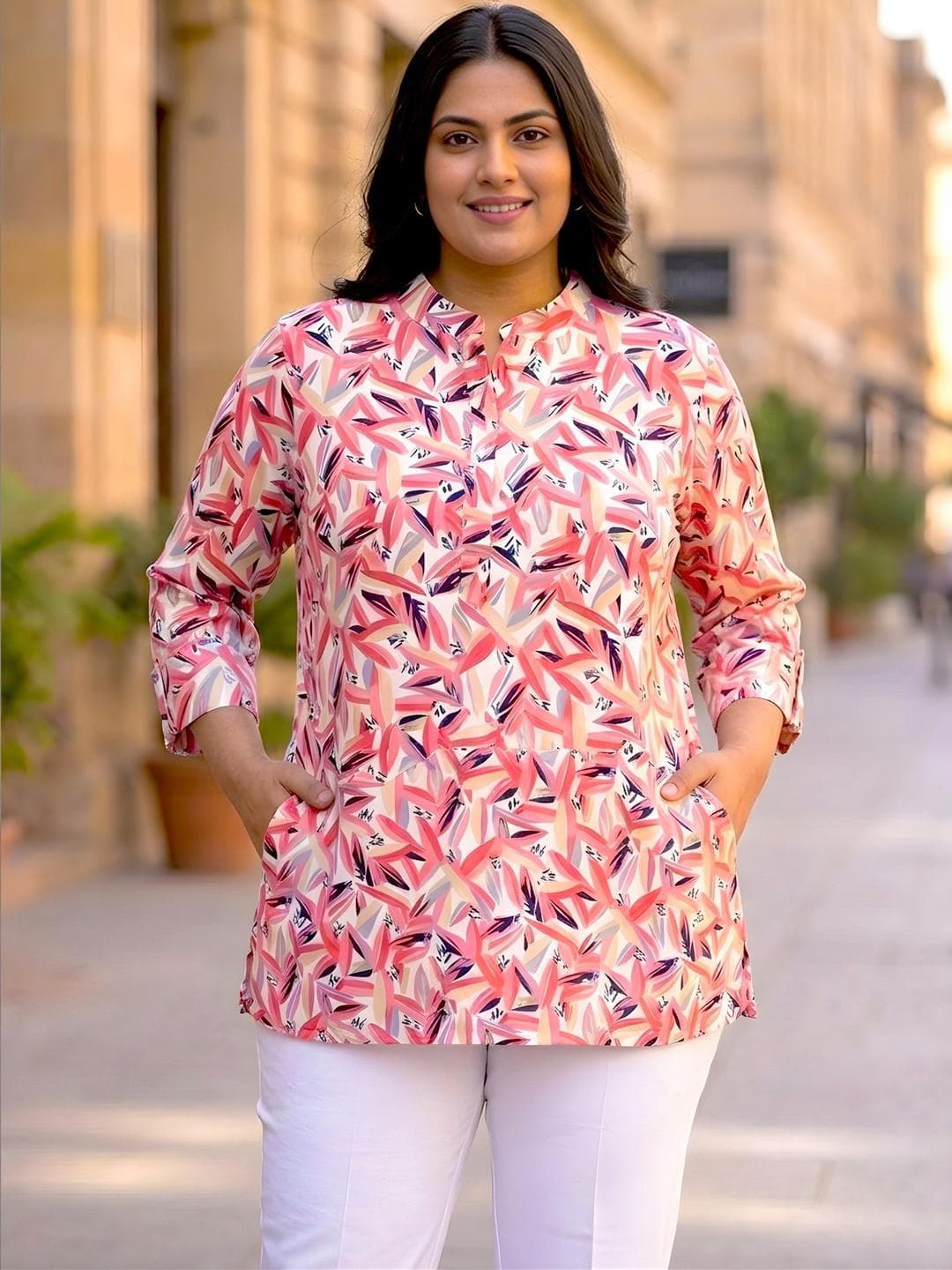 Indietoga Women Plus Size Floral Print Mandarin Collar Top