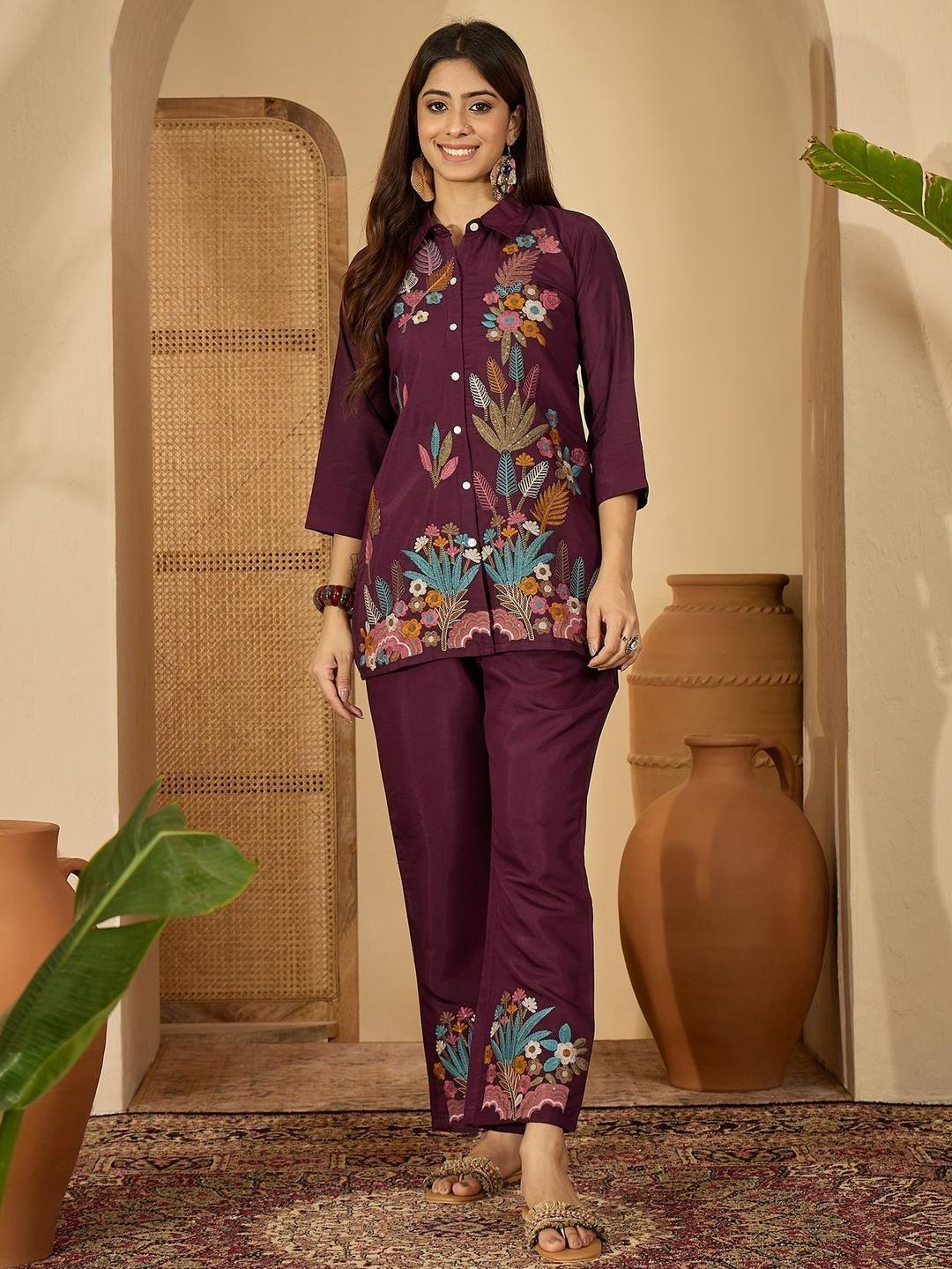 Buy Sangria Women Floral Embroidered Shirt Collar Shirt Style Top With Trouser Co Ords - - Apparel for Women