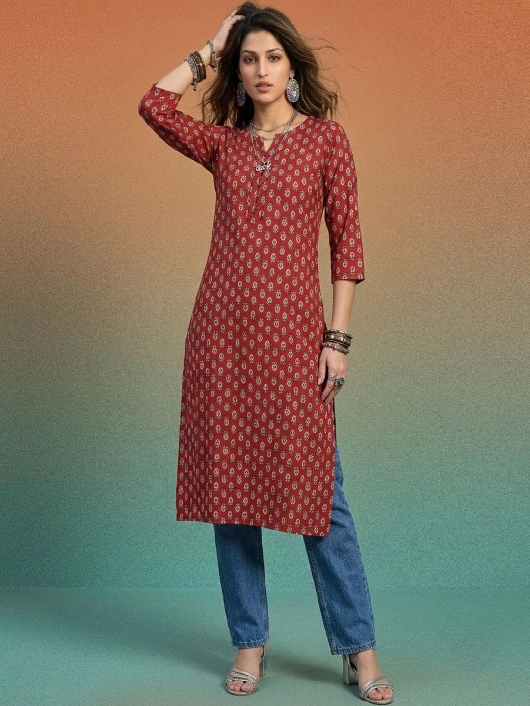 AADVIKA Women Floral Printed Thread Work Kurta