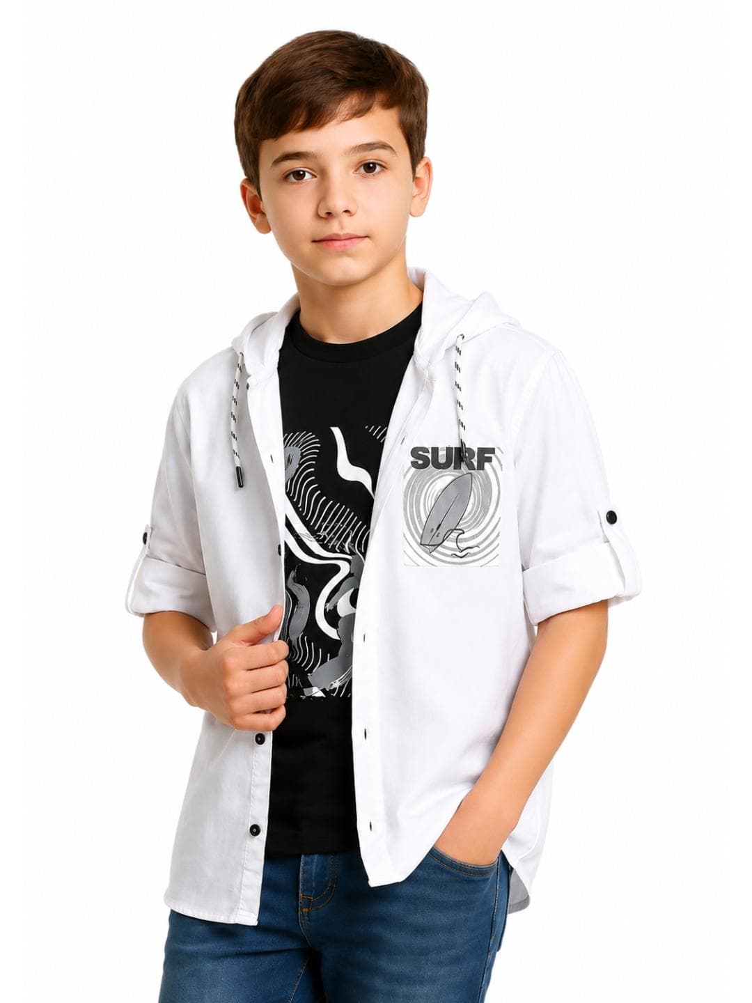 CAVIO Boys Hood Graphic Printed Cotton Casual Shirt & T-Shirt