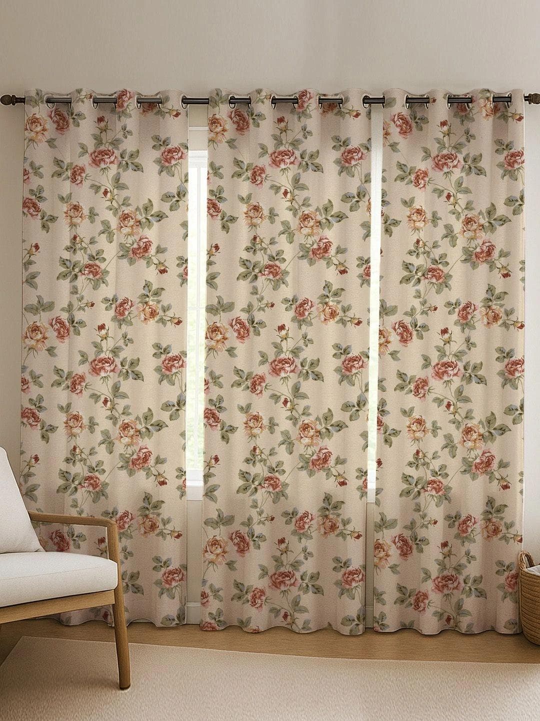 Buy ANA Beige & Green Set Of 3 Floral Room Darkening Door Curtain - - Home for Unisex