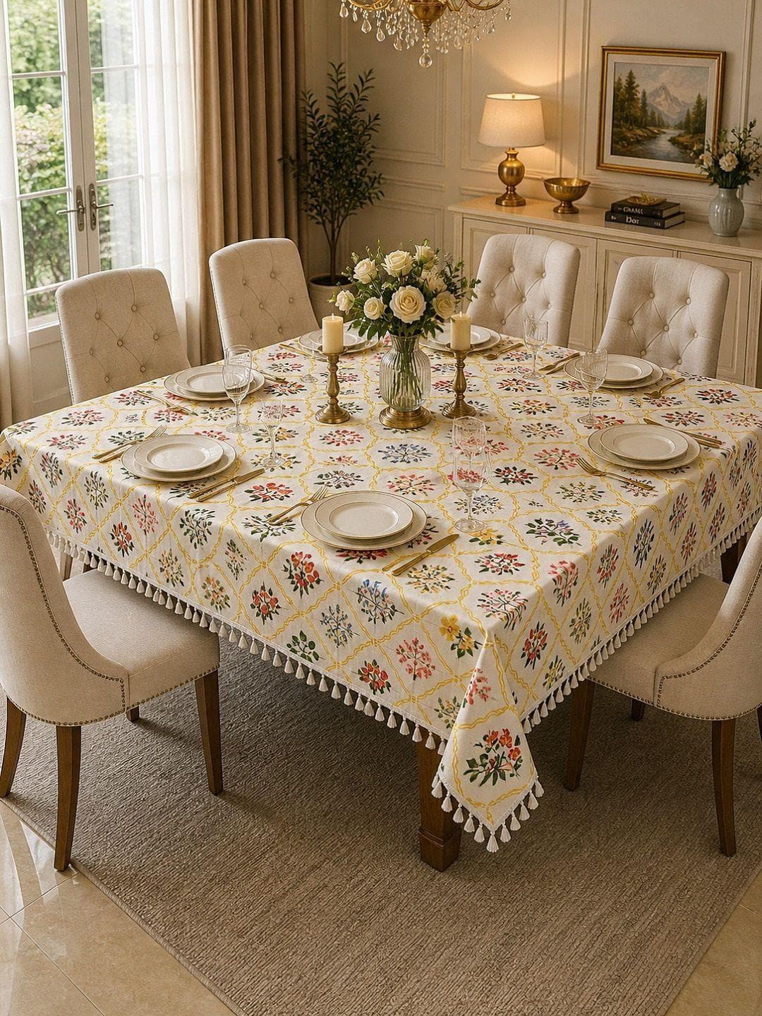 RRC Cream Floral 6-Seater Table Cover