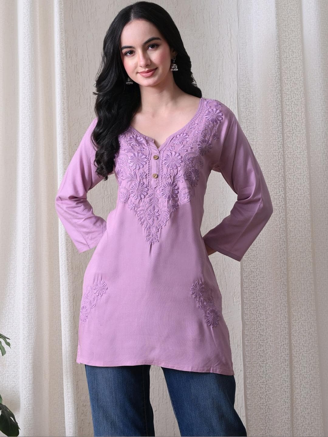 ROSHNI Women Floral Embroidered Round Neck Thread Work Cotton Regular Kurti
