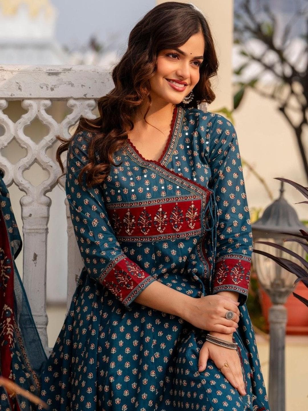 Anouk Women Ethnic Motifs Printed Angrakha Pure Cotton Kurta with Trousers & With Dupatta