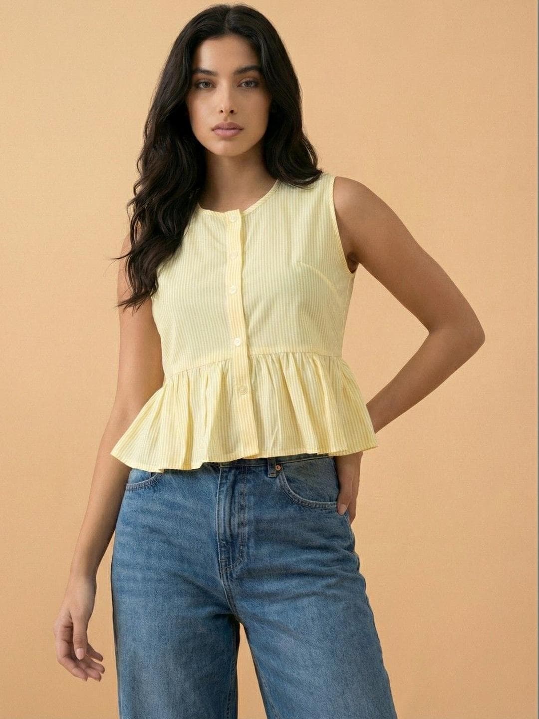 QIOA Striped Cotton Blend Peplum Top