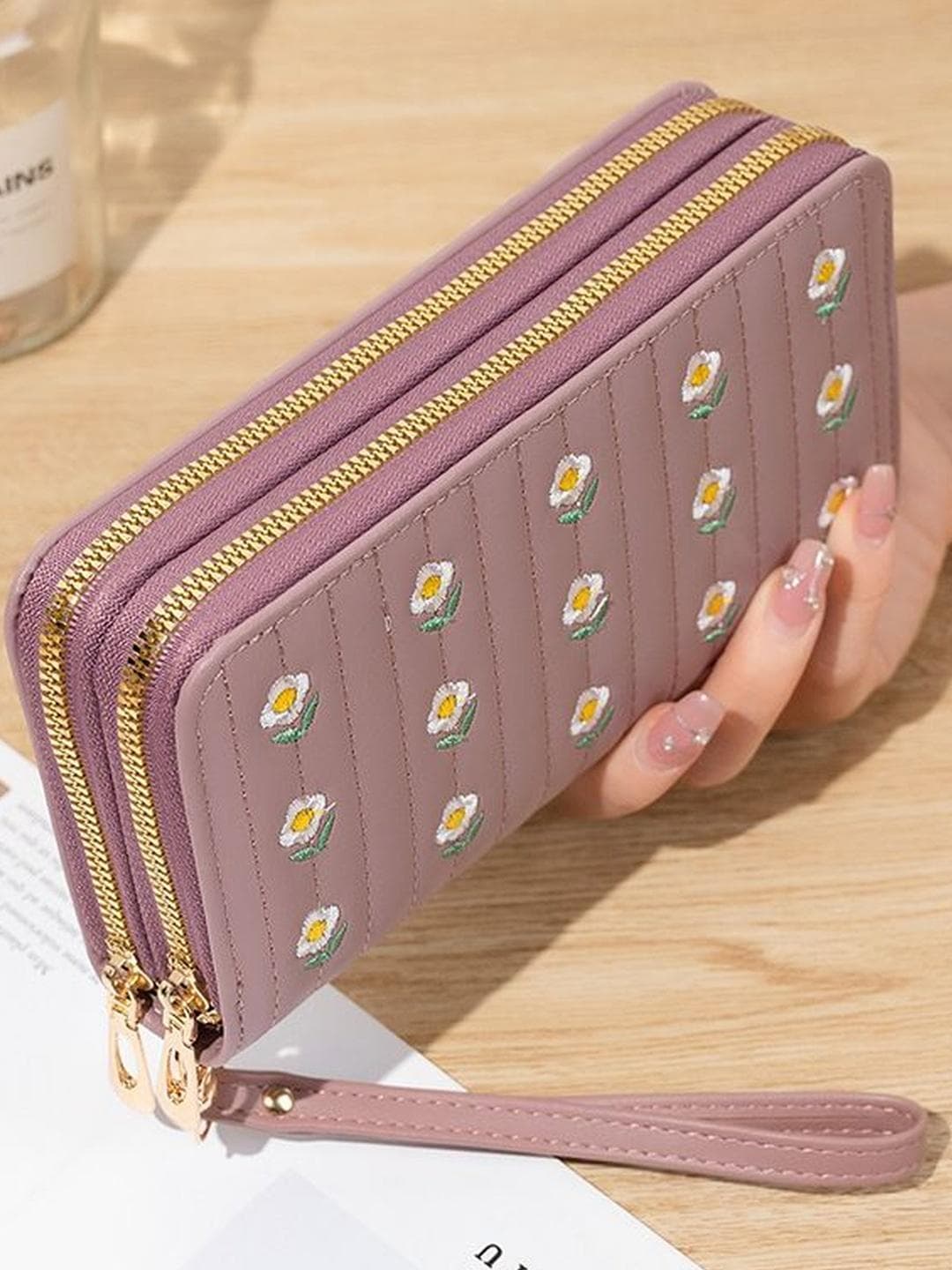 VALERIE Women Floral Printed Embroidered PU Zip Around Wallet