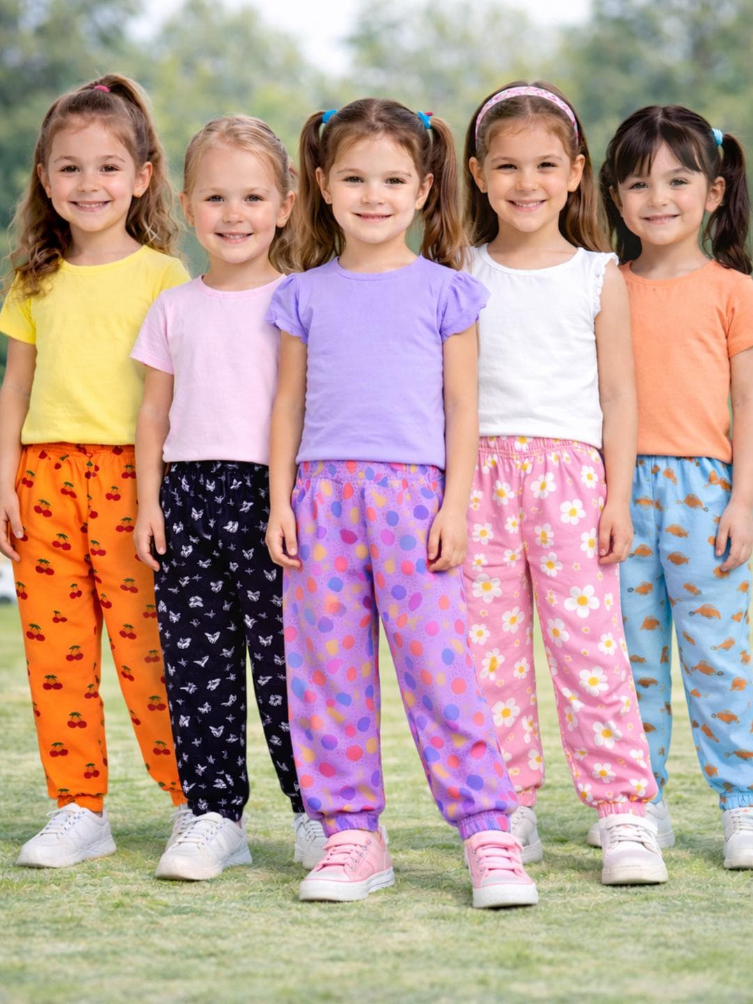 FAZZA Girls Pack Of 5 Printed Pure Cotton Mid-Rise Joggers