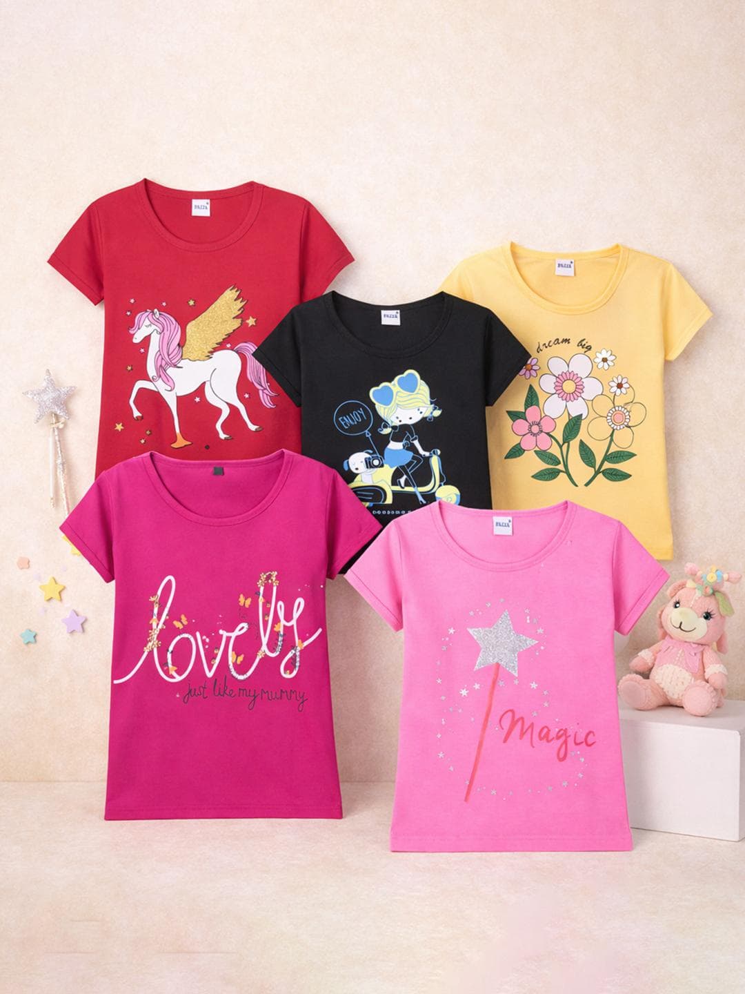 FAZZA Girls Pack Of 5 Graphic Printed T-shirts