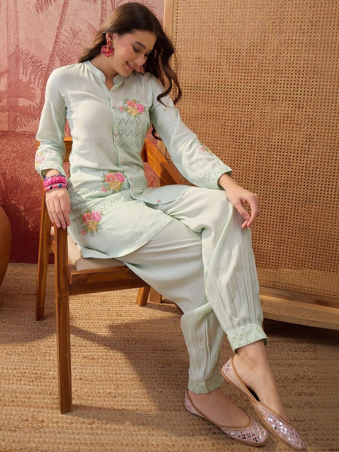 Buy Sangria Chanderi Embroidered Tunic With Trousers - - Apparel for Women