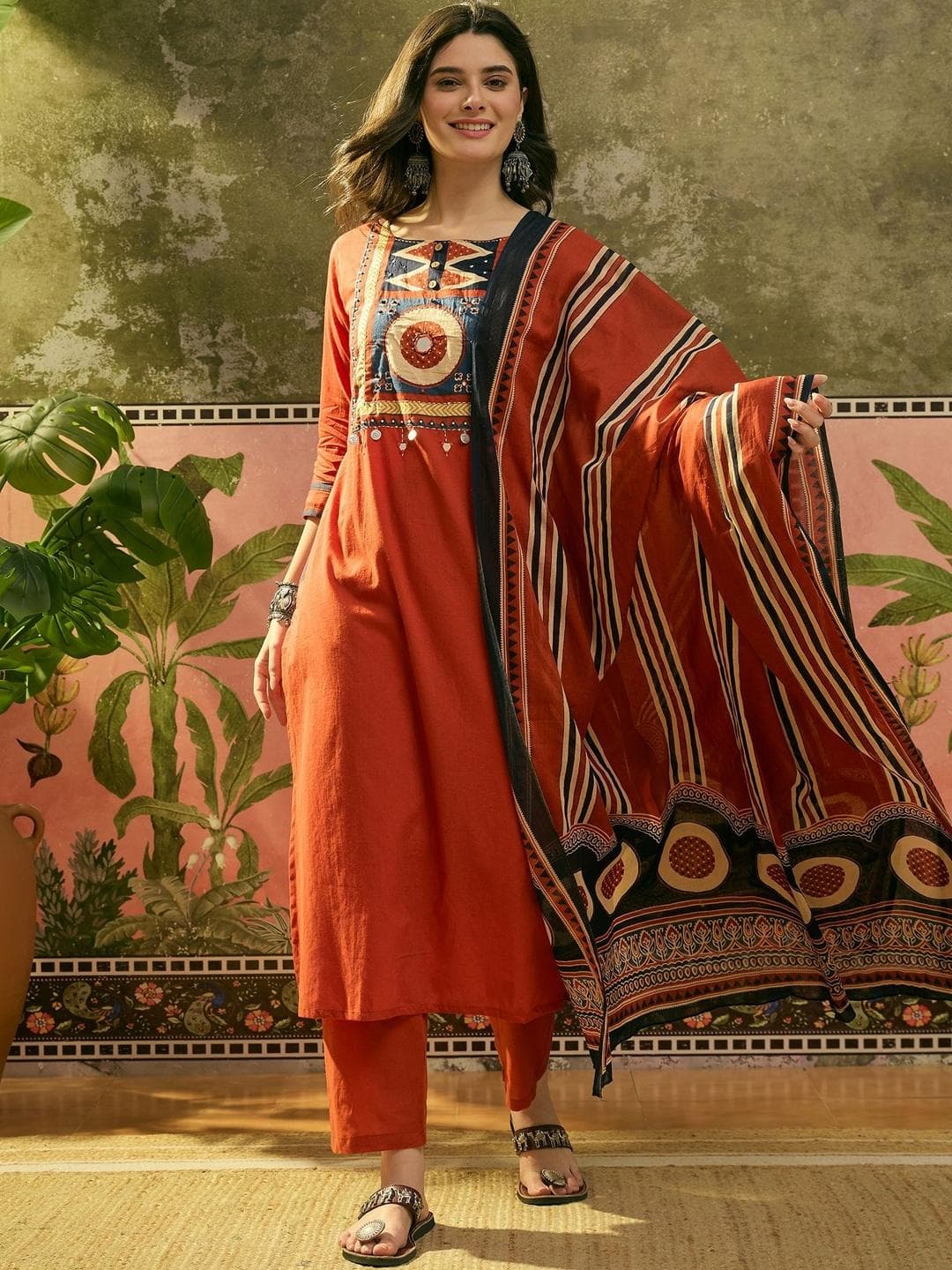 Sangria Embroidered Pure Cotton Round Neck Kurta & Trousers With Dupatta