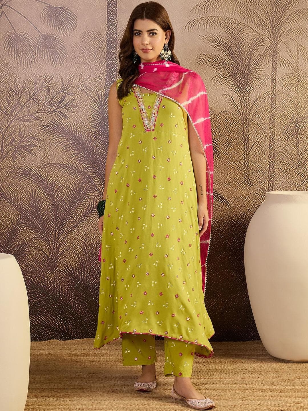Sangria Green Bandhej Printed & Embroidered Rayon A-Line Kurta With Dupatta