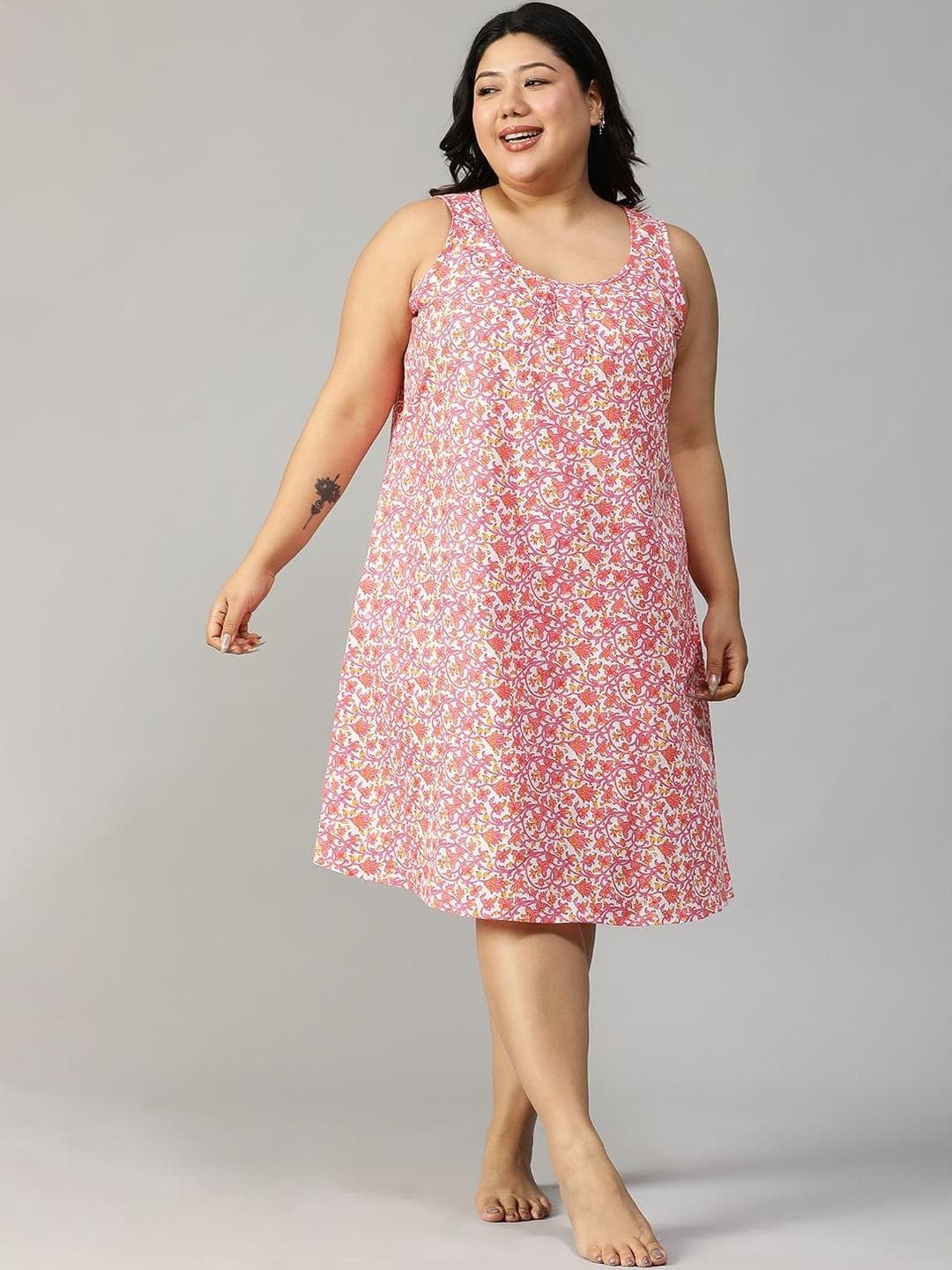 CLOCHOICE Women Plus Size Classic Cotton Pink Printed Sleepwear Nightdress