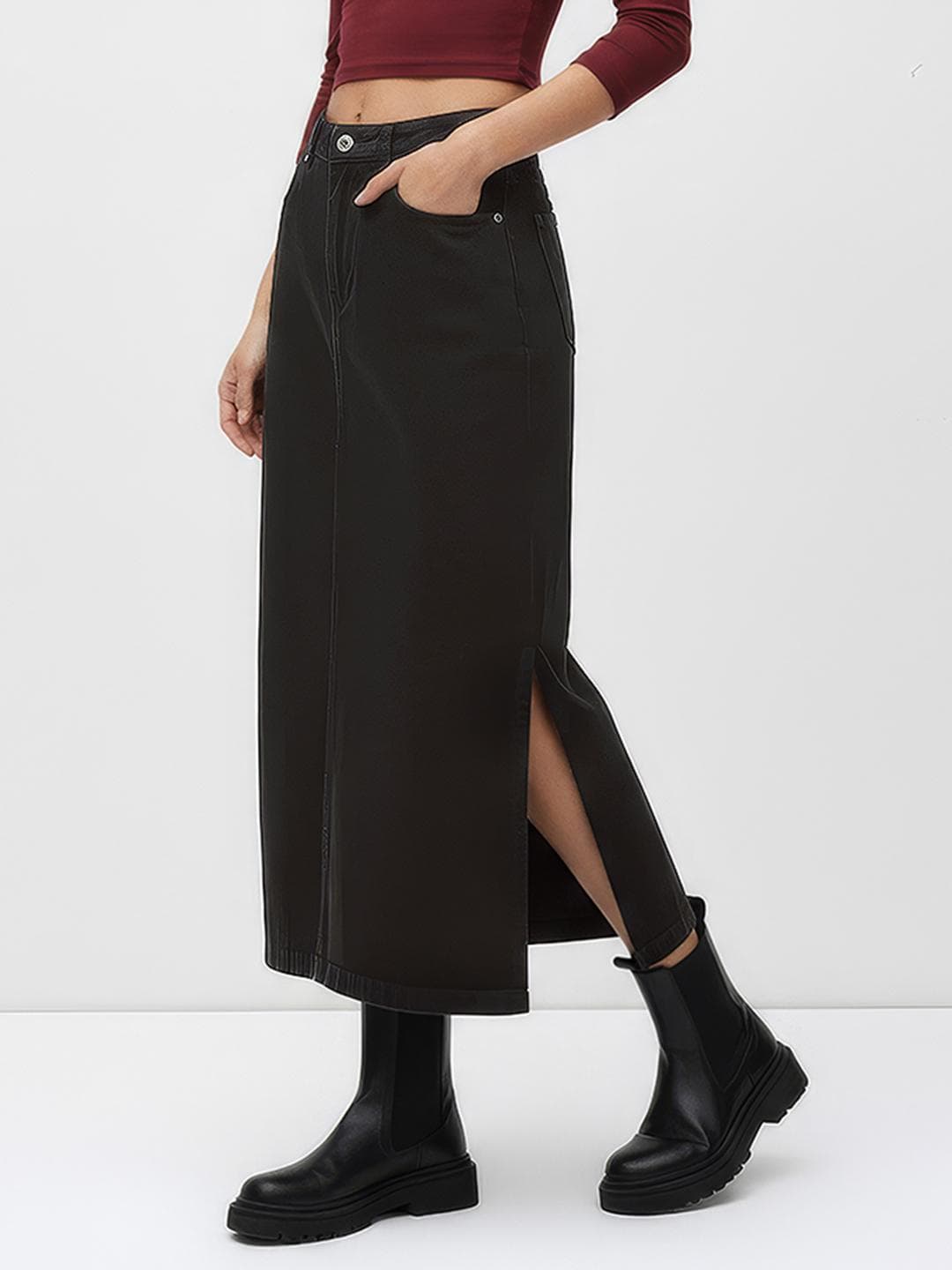 The Roadster Life Co. Women Side Slit Pure Cotton Straight Midi Denim Skirt