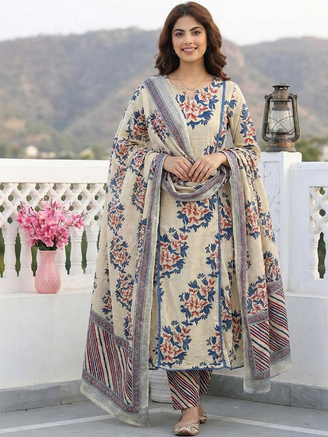 Anouk Women Floral Printed Regular Pure Cotton Kurta with Churidar & With Dupatta
