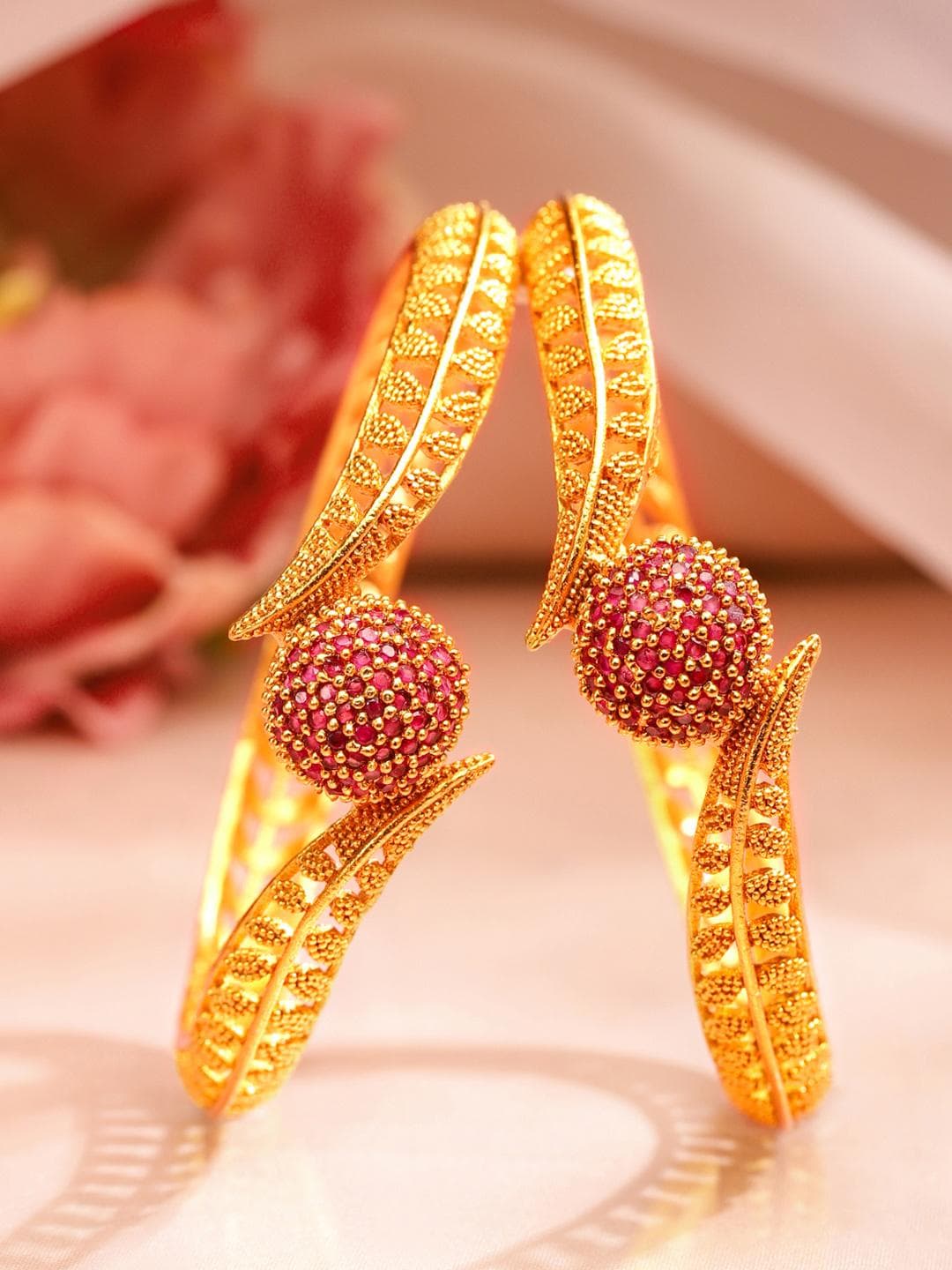 Buy Rubans Set Of 2 18K Gold Plated Ruby Red Studded Geru Polish Traditional Bangles - - Accessories for Women