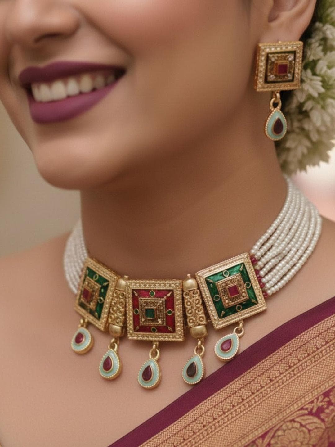 Buy Nui Gold Plated Meenakari Pearl Necklace And Earrings - - Accessories for Women