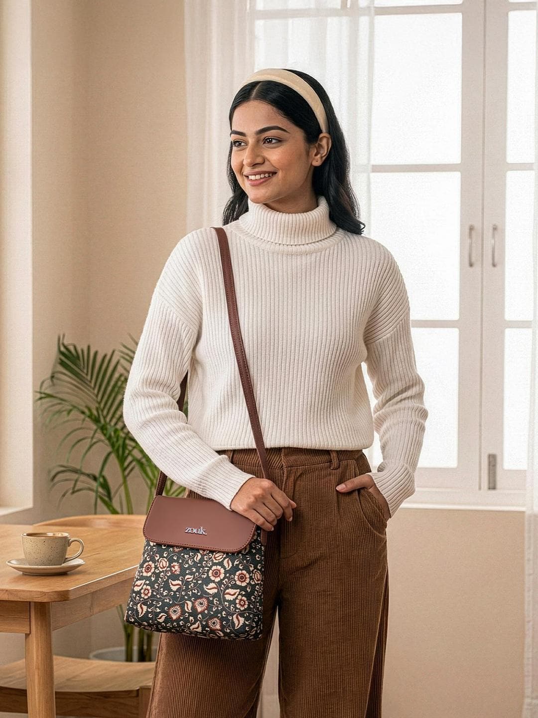 Buy ZOUK Brown Floral Printed Structured Sling Bag Flap Handbag - - Accessories for Women