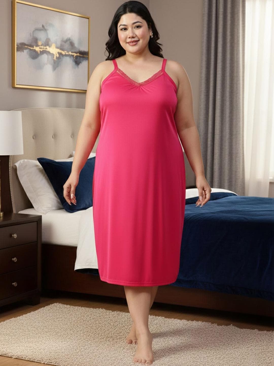 CLOCHOICE Comfort Fit Pink Lace Design Short Nightdress