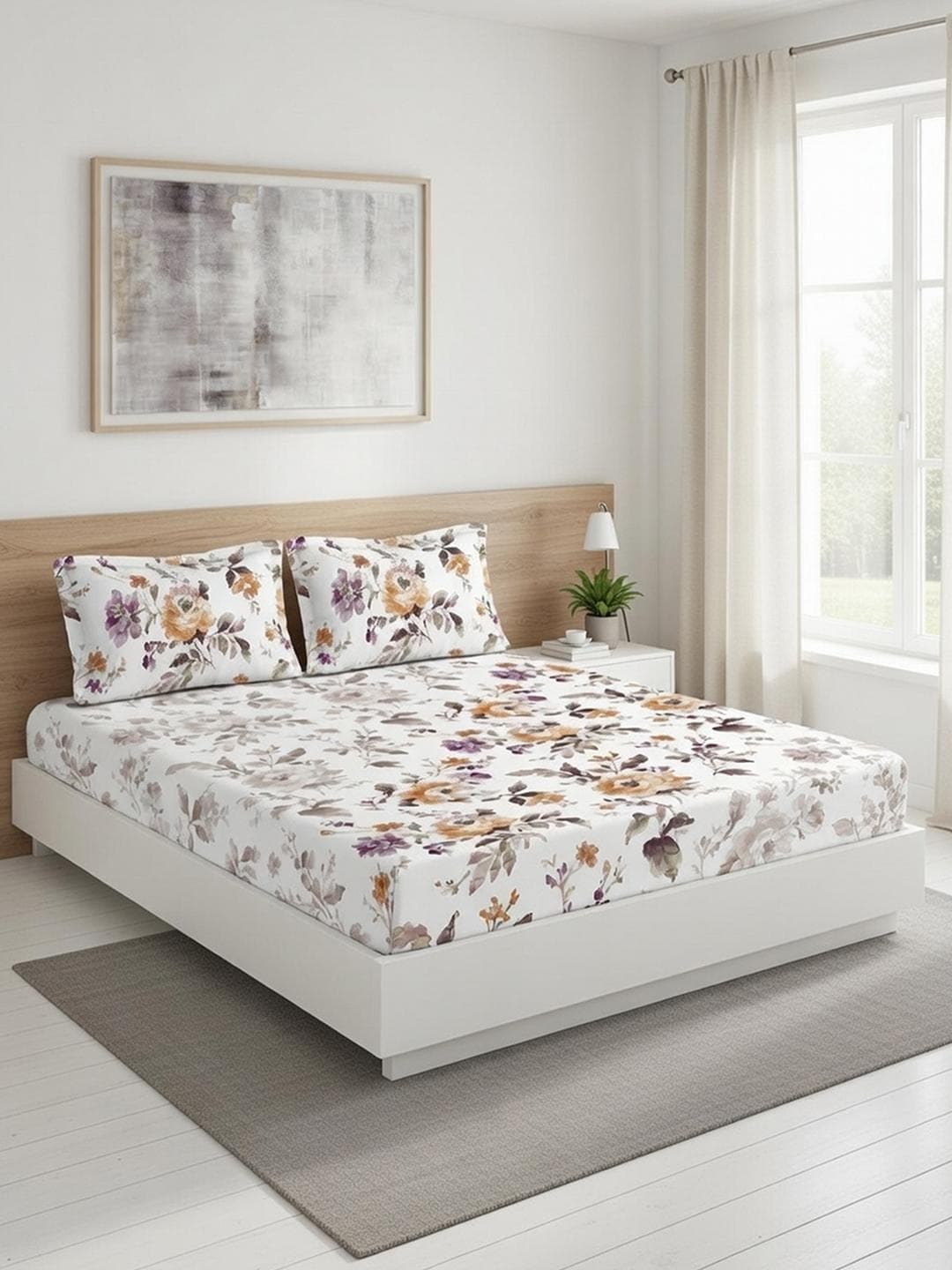 Buy DDecor Orange Floral 145TC Queen Flat Pure Cotton Bedsheet With 2 Pillow Covers - - Home for Unisex