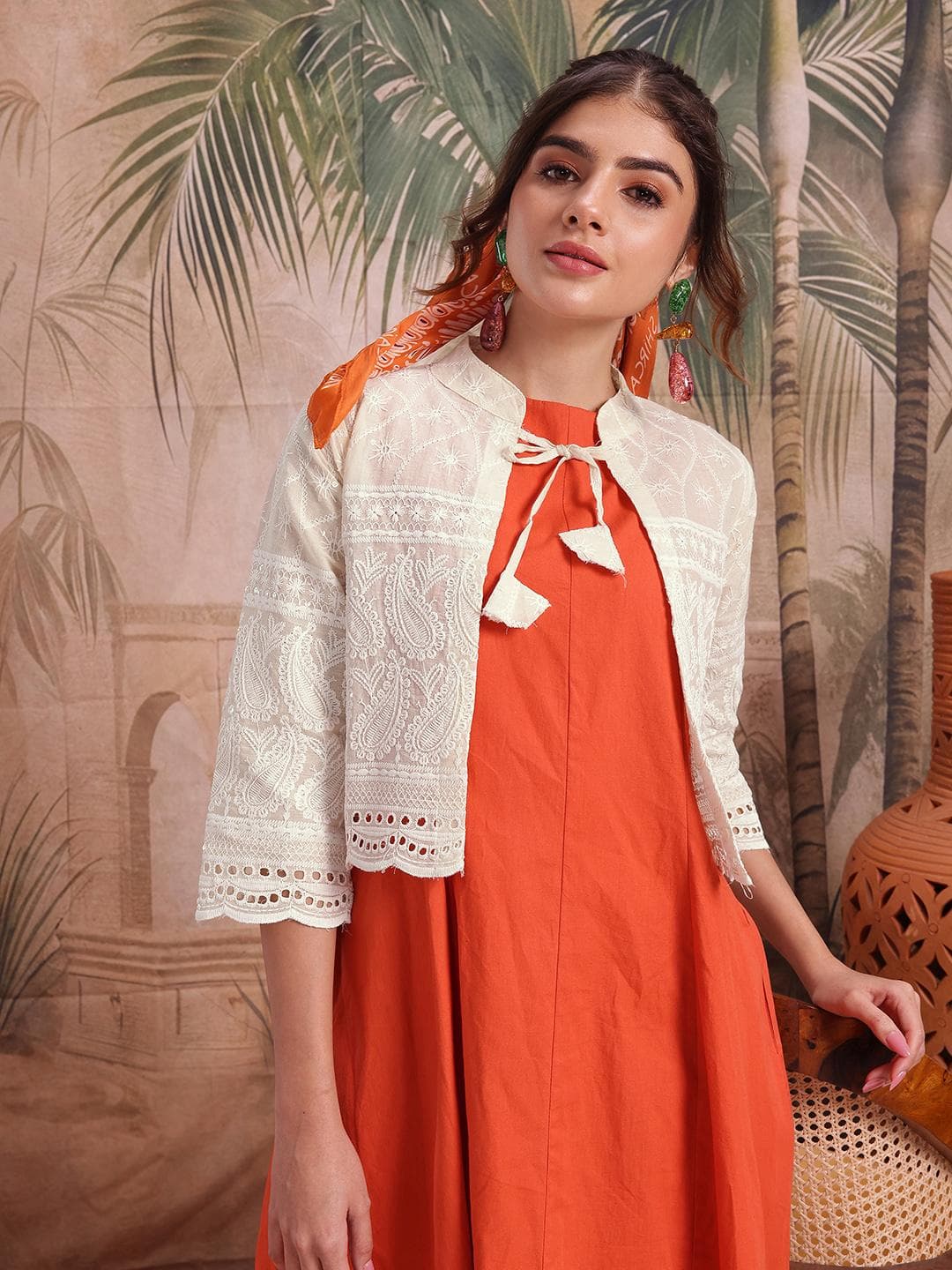 Sangria Ethnic Embroidered Mandarin Collar Sequinned Detail Tie-Up Shrug