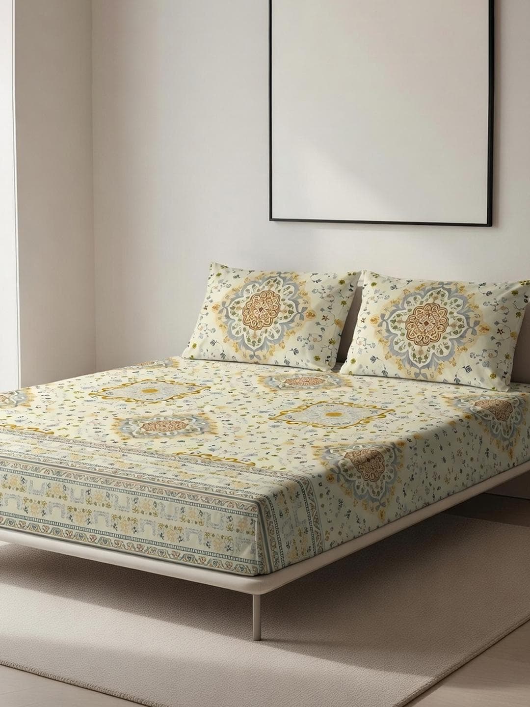 DDecor Beige Pure Cotton Ethnic 145TC King Fitted Sheet with 2 Pillow Covers