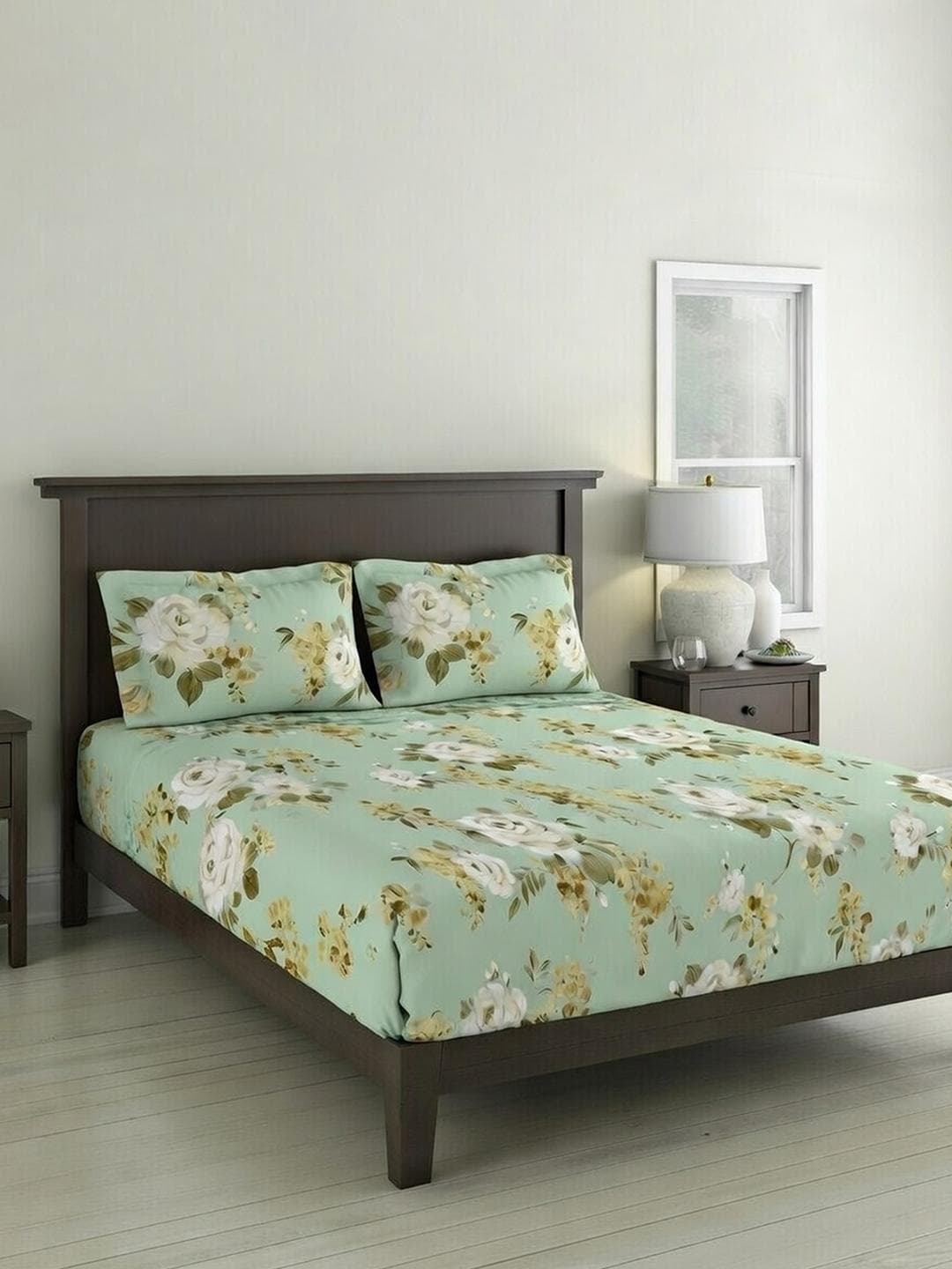 DDecor Green Pure Cotton Floral 145TC King Flat Bedsheet with 2 Pillow Covers