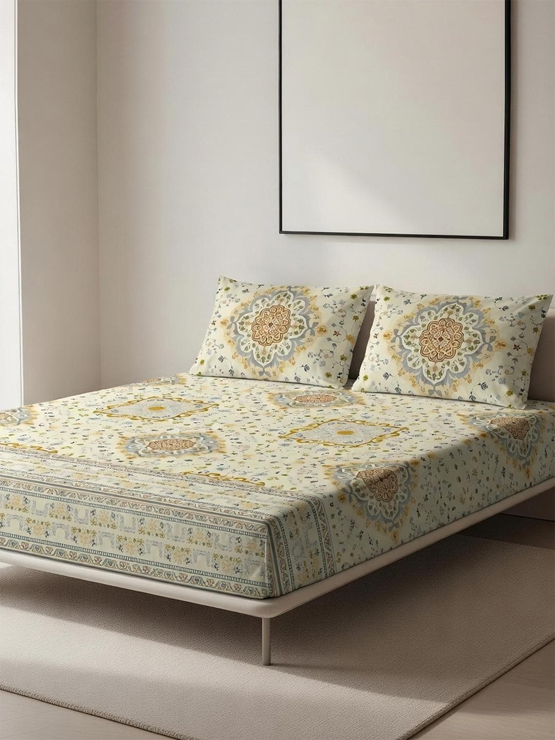 DDecor Beige Pure Cotton Ethnic 145TC King Flat Bedsheet with 2 Pillow Covers