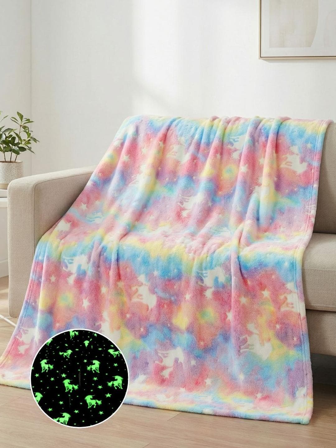 Buy Famyo Kids Pink Unicorn Glow In Dark Fleece Lightweight 210 GSM AC Room Queen Blanket - - Home for Unisex Kids