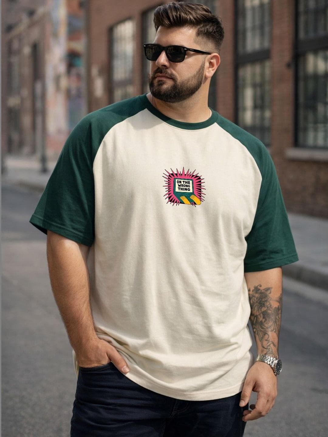 VEIRDO Men Beige & Green Typography Printed Raglan Sleeves Oversized Plus Size T-shirt
