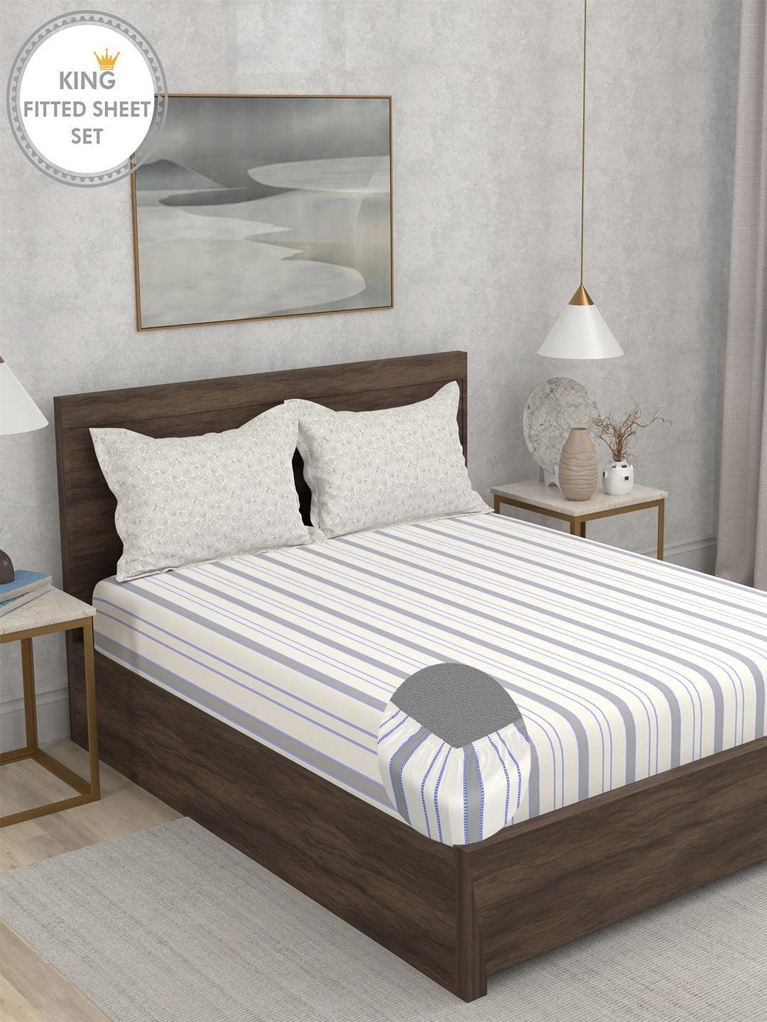 Buy Portico White & White Striped 152 TC King Bedsheet With 2 Pillow Covers - - Home for Unisex