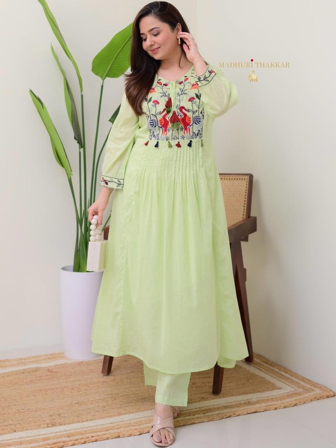 NAKSHKURTIS Ethnic Motifs Embroidered Panelled Thread Work Pure Cotton Kurta with Trousers