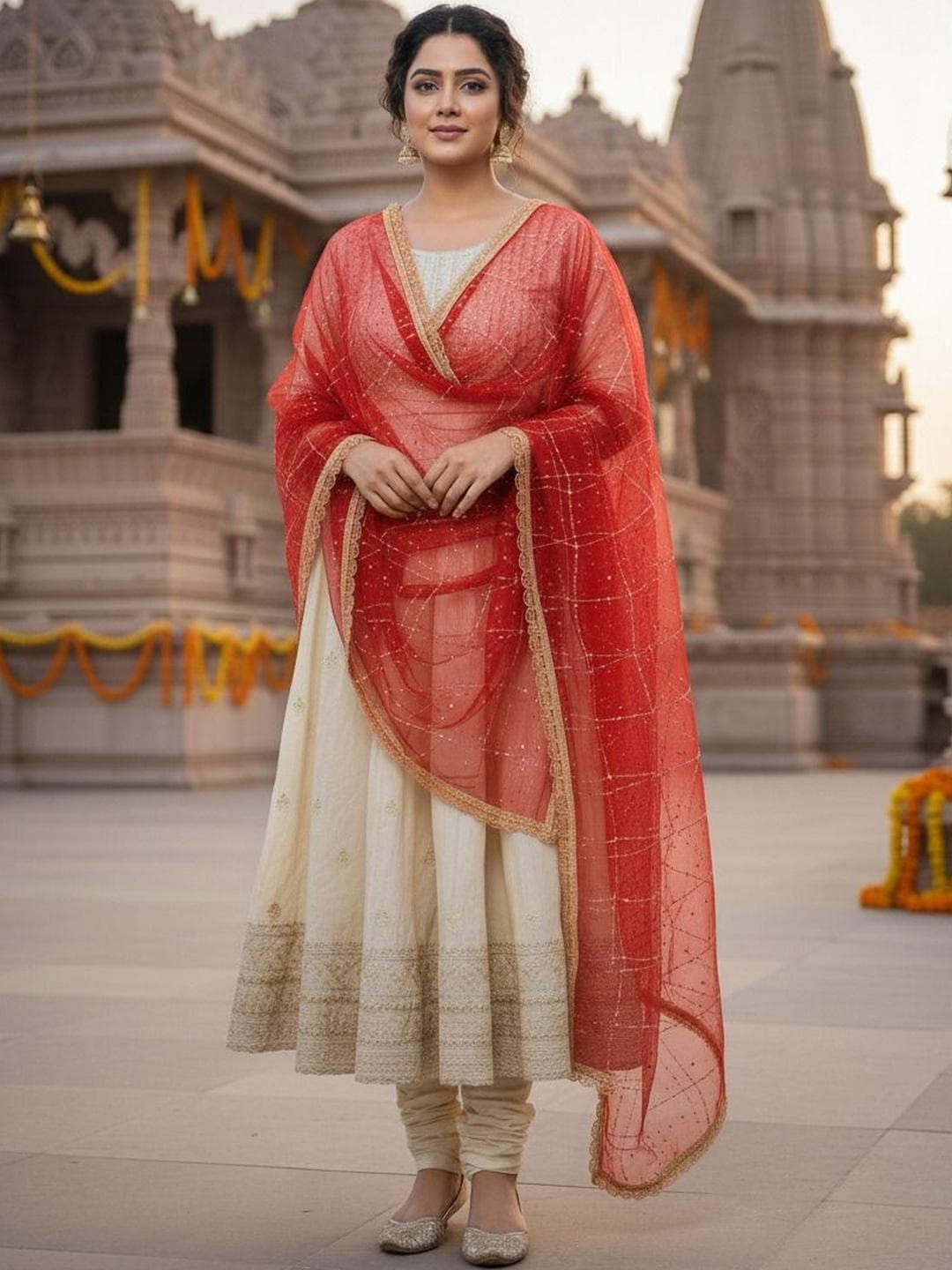 Komurr Net Dupatta with Sequin Work and Lace Border