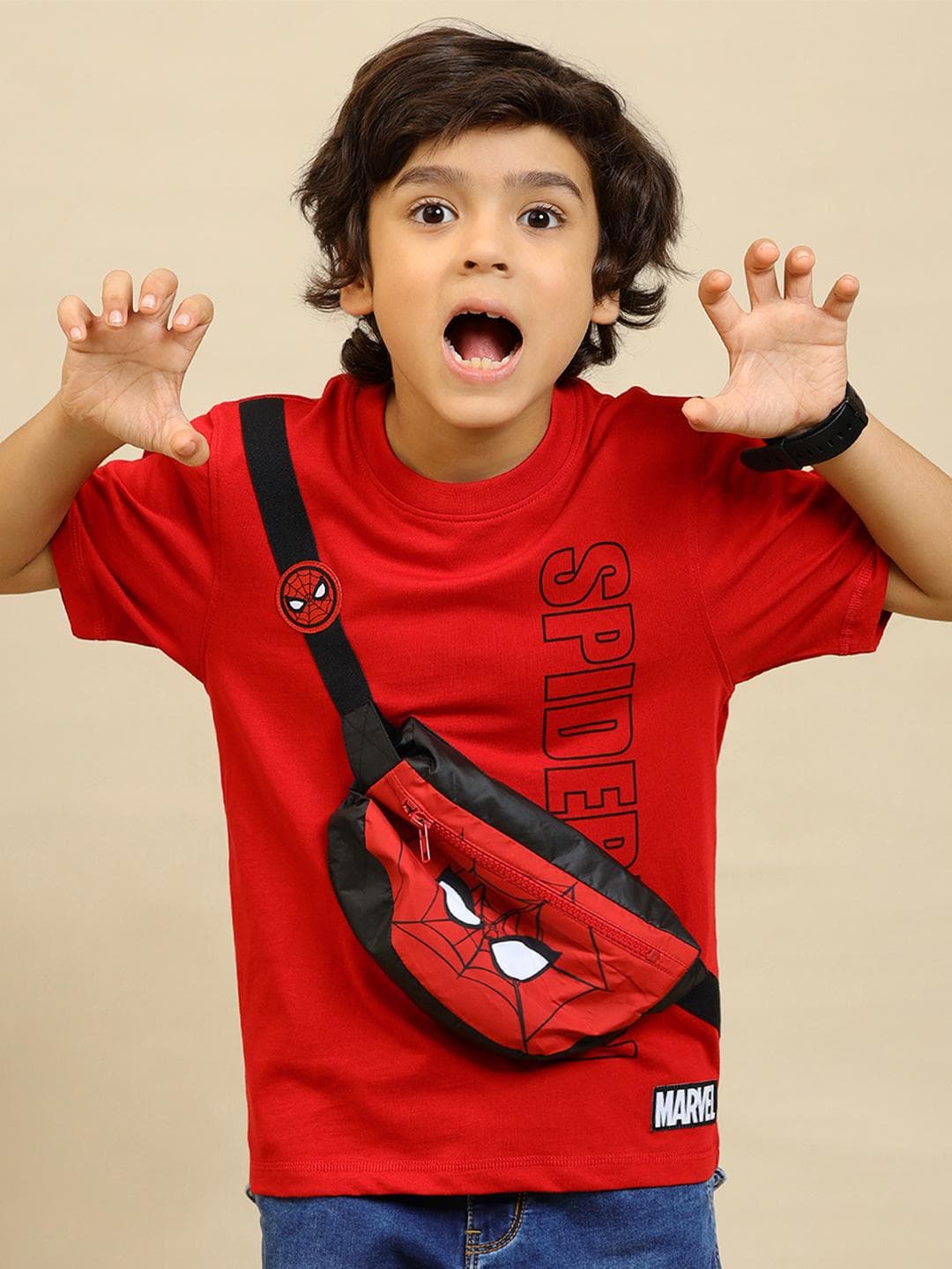 Kids Ville Boys Spider-Man Printed Round Neck T-shirt With Pouch Bag