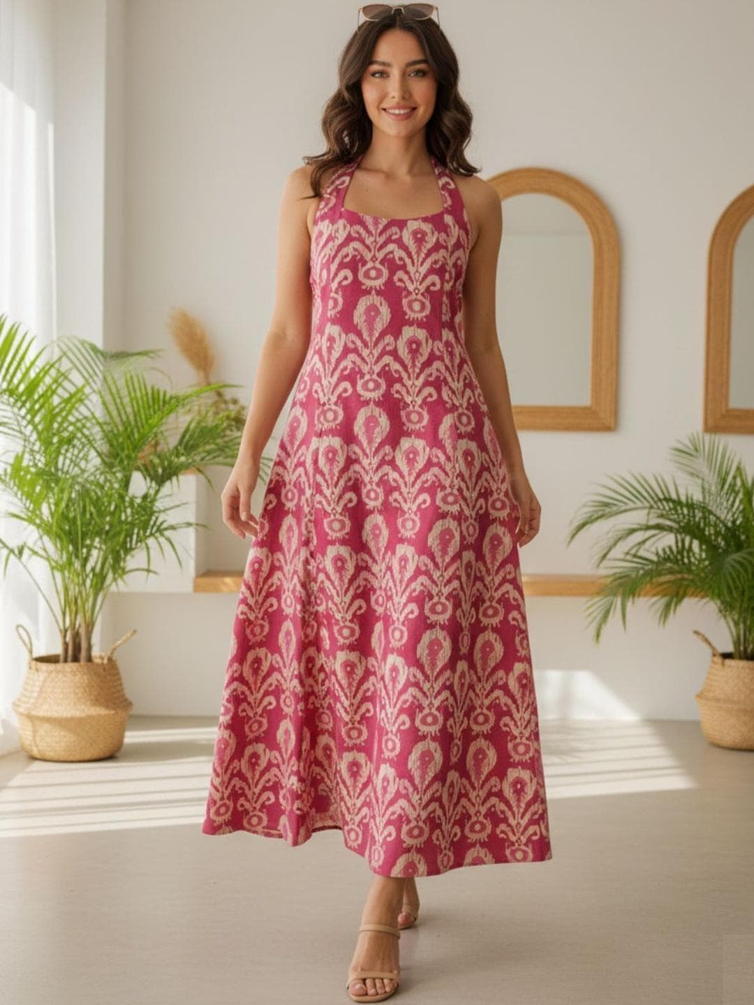 Varanga Print Halter Neck Fit & Flare Midi Dress