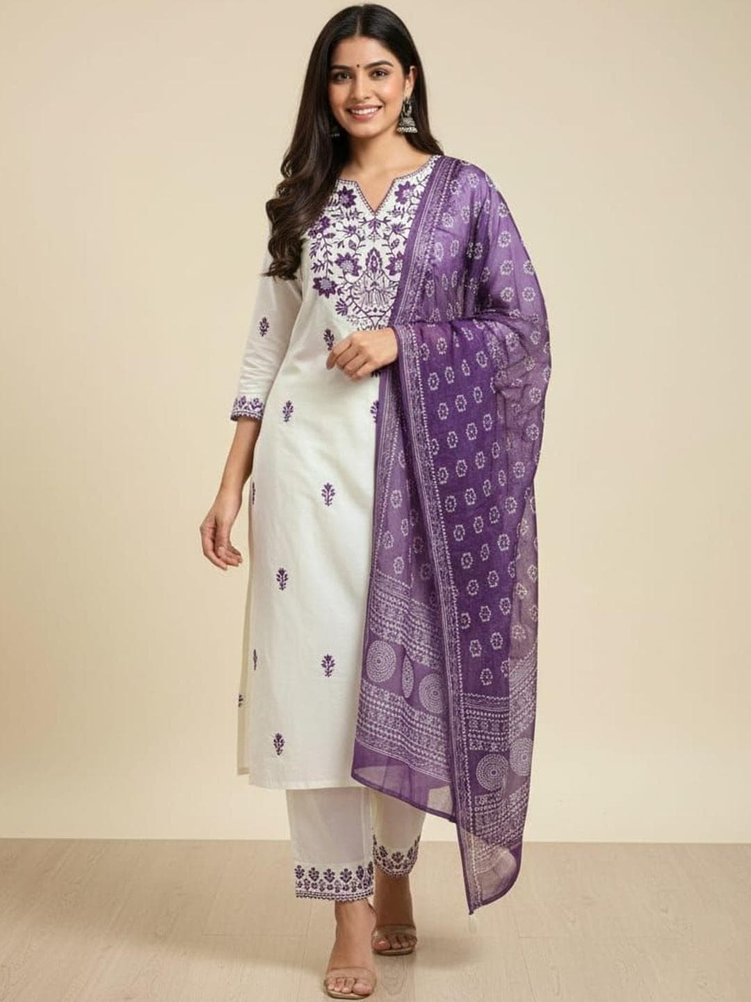 TIBAKKDI Women Ethnic Motifs Embroidered Regular Thread Work Pure Cotton Kurta with Trousers & With Dupatta