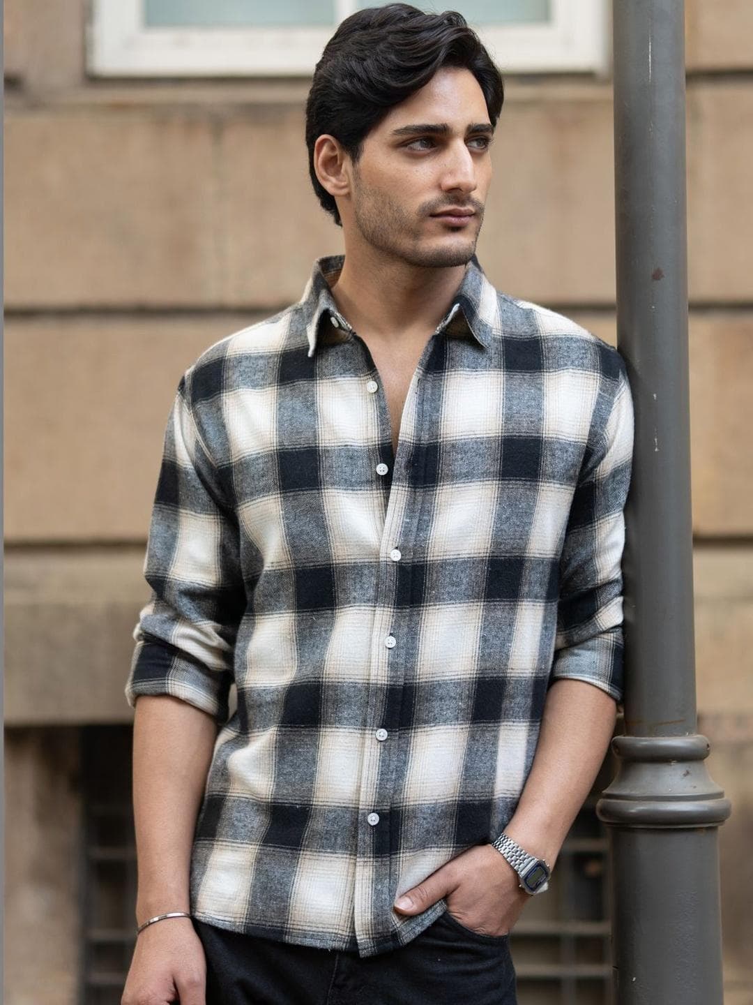 Powerlook Black & Beige Brushed Checks Shirt
