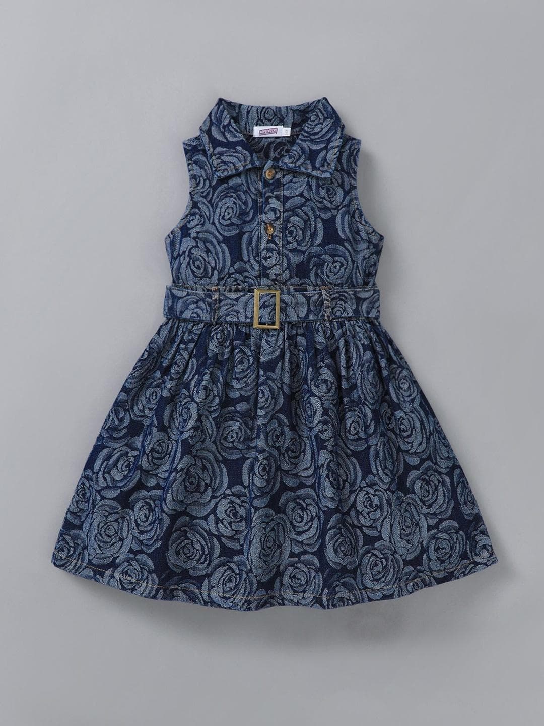 Hopscotch Textured Denim Floral Knee Length Fit & Flare Dress
