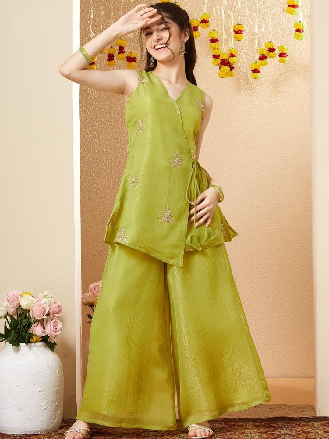 CurlyTales Girls Silk Embroidered Kurta and Sharara Set
