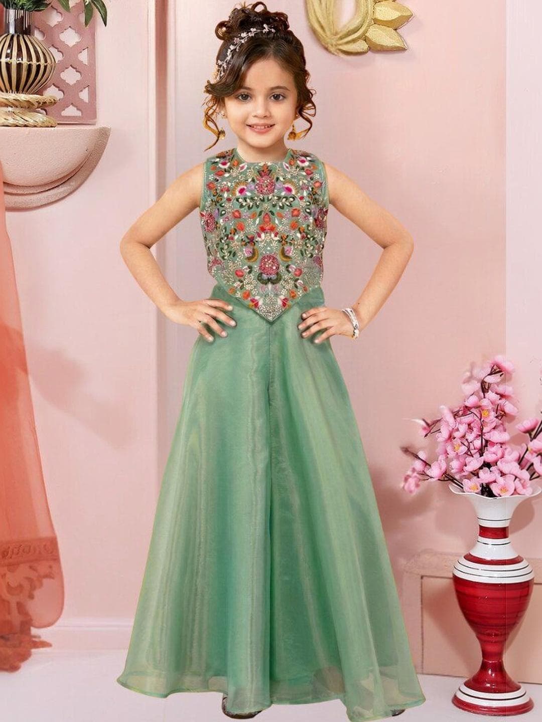 UFB Girls Floral Embroidered Regular Thread Work Top with Palazzos