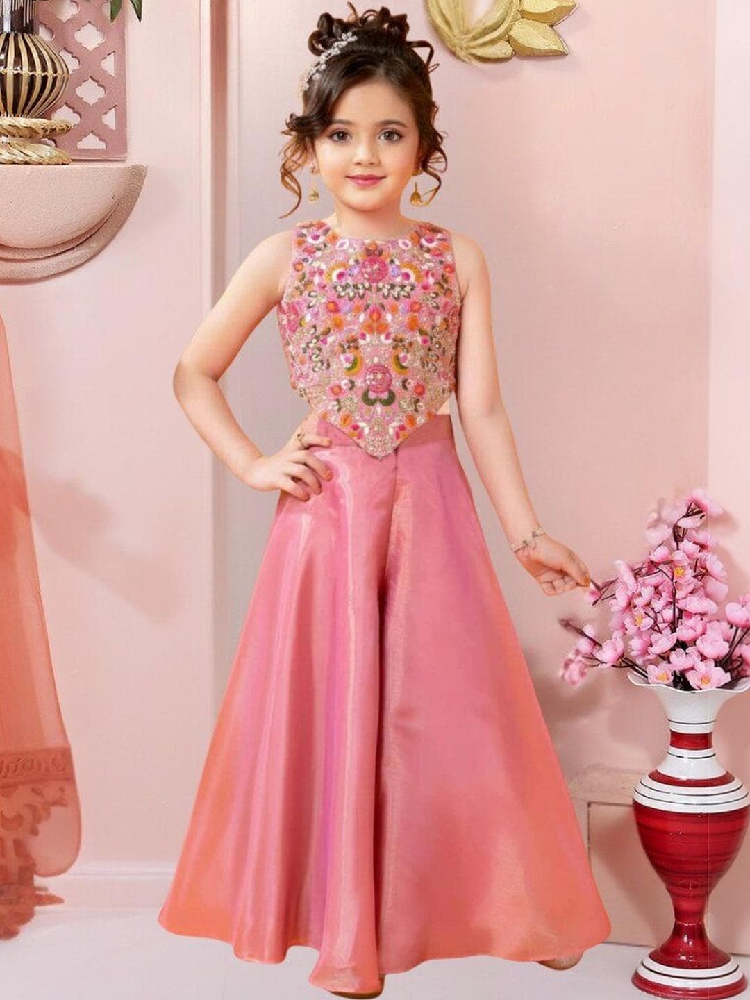 UFB Girls Floral Embroidered Regular Thread Work Kurti with Palazzos