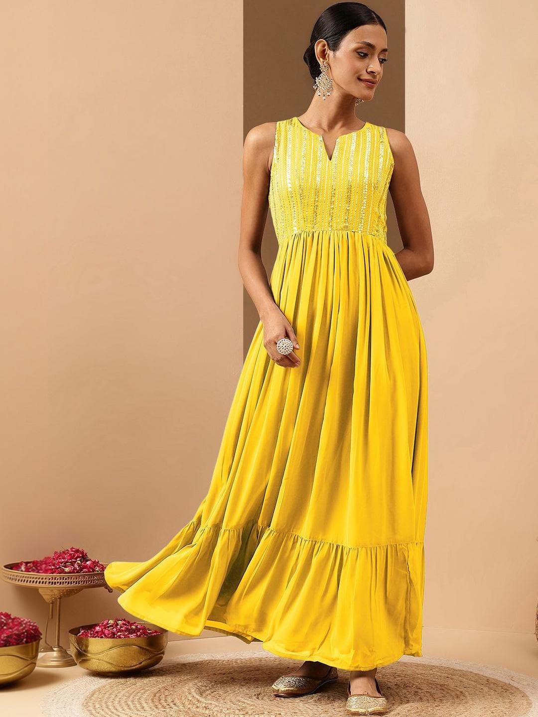 Buy Janasya Yellow Georgette Sequined Gathered Flared Gown - - Apparel for Women