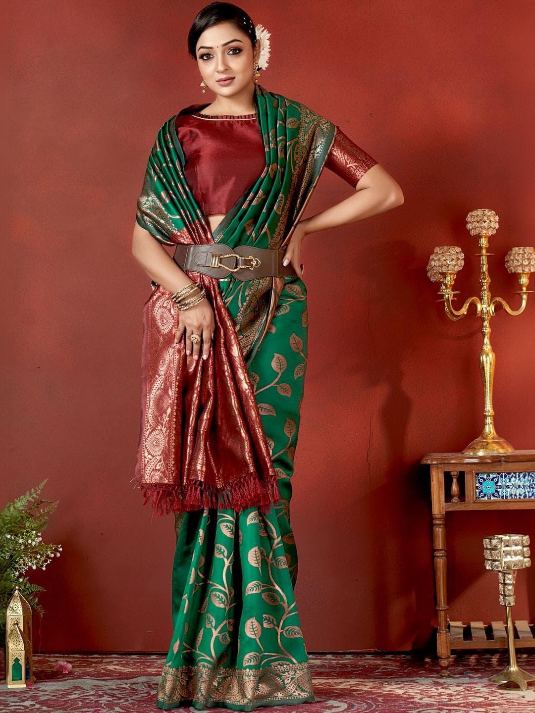 SZN Floral Zari Silk Blend Heavy Work Banarasi Saree