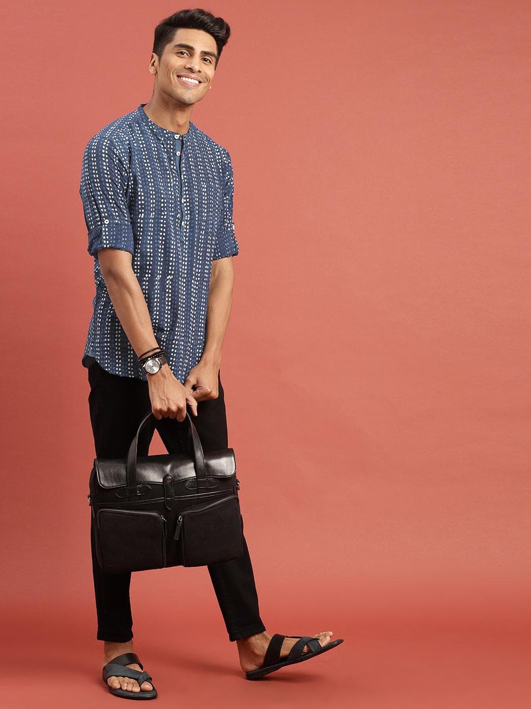 Taavi Men Indigo Hand Block Printed Straight Sustainable Kurta with Roll-Up Sleeves