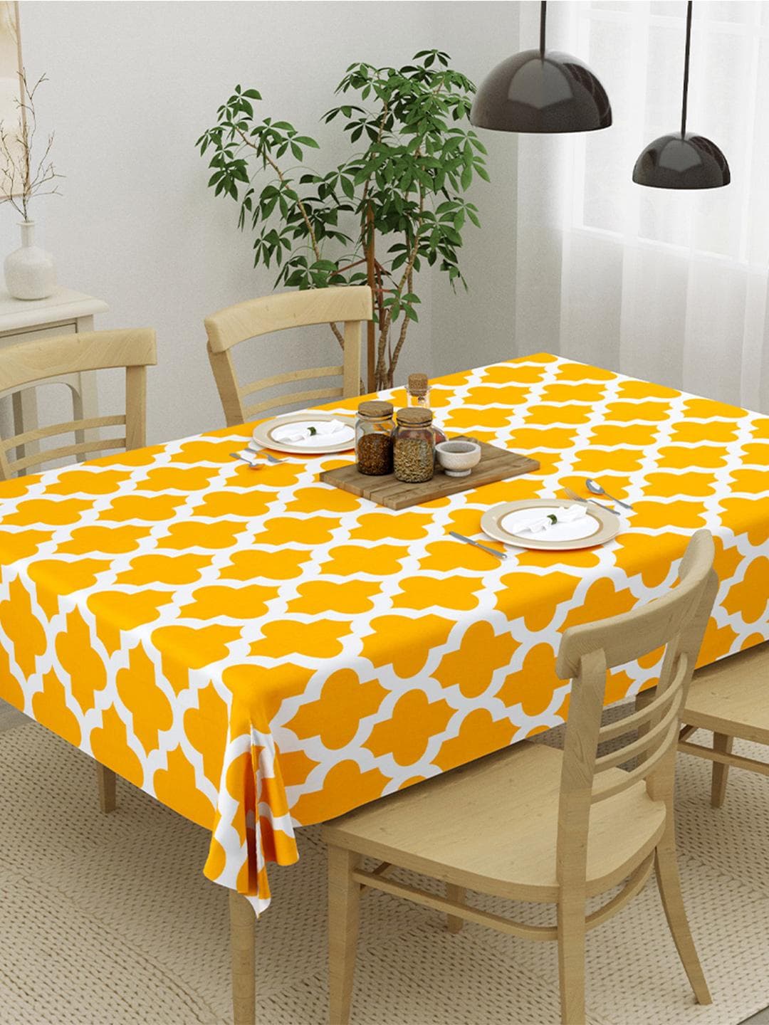 HOMEMONDE Yellow Geometric Printed Cotton 4-Seater Table Cover