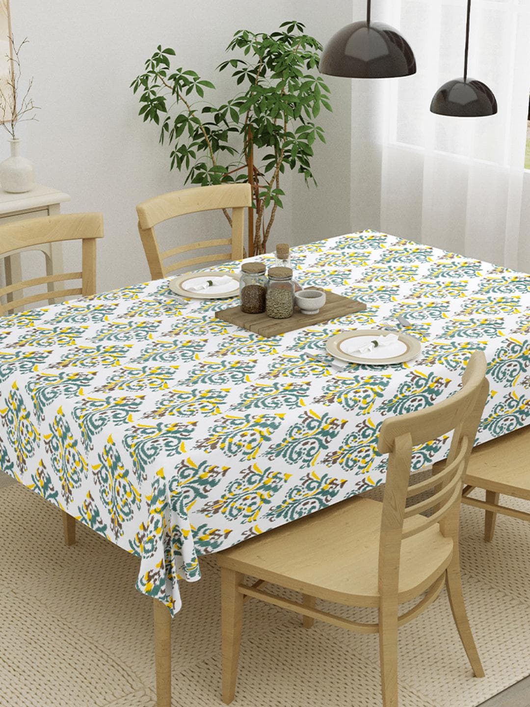 HOMEMONDE Yellow Ethnic Motifs Cotton Round 4-Seater Table Cover
