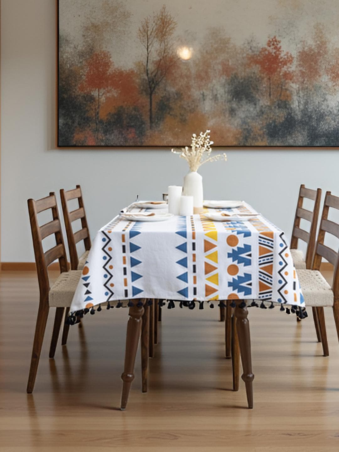 HOMEMONDE Blue Geometric Printed Cotton 4-Seater Table Cover