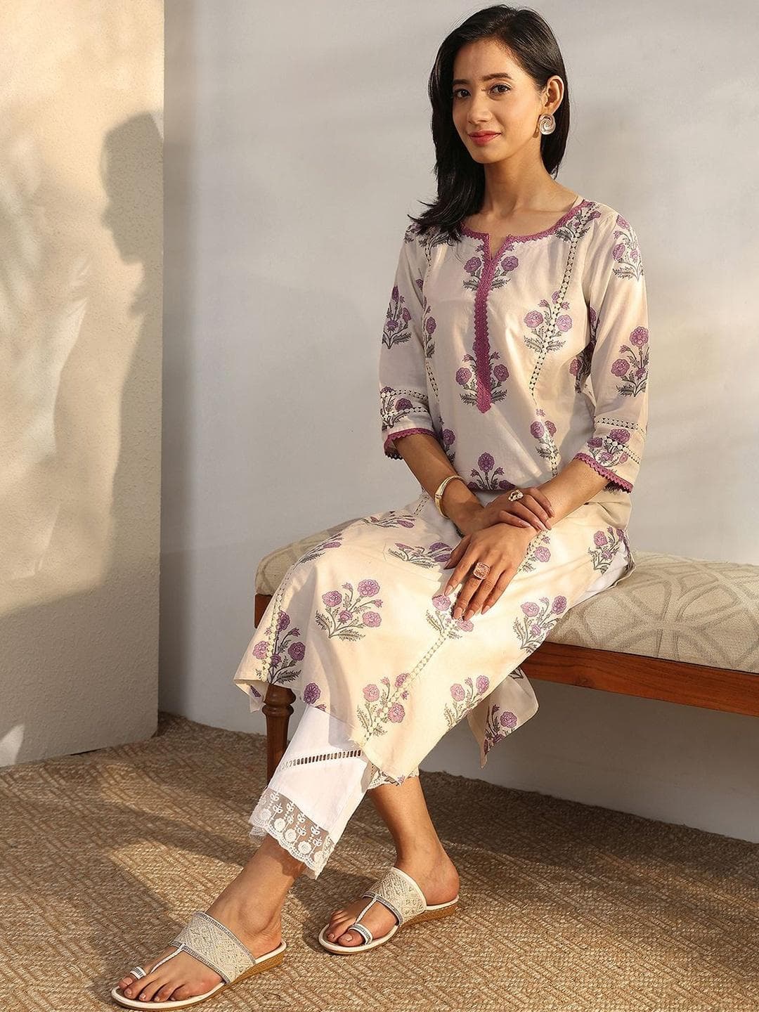 Libas Women Off White Printed Cotton Straight Kurta